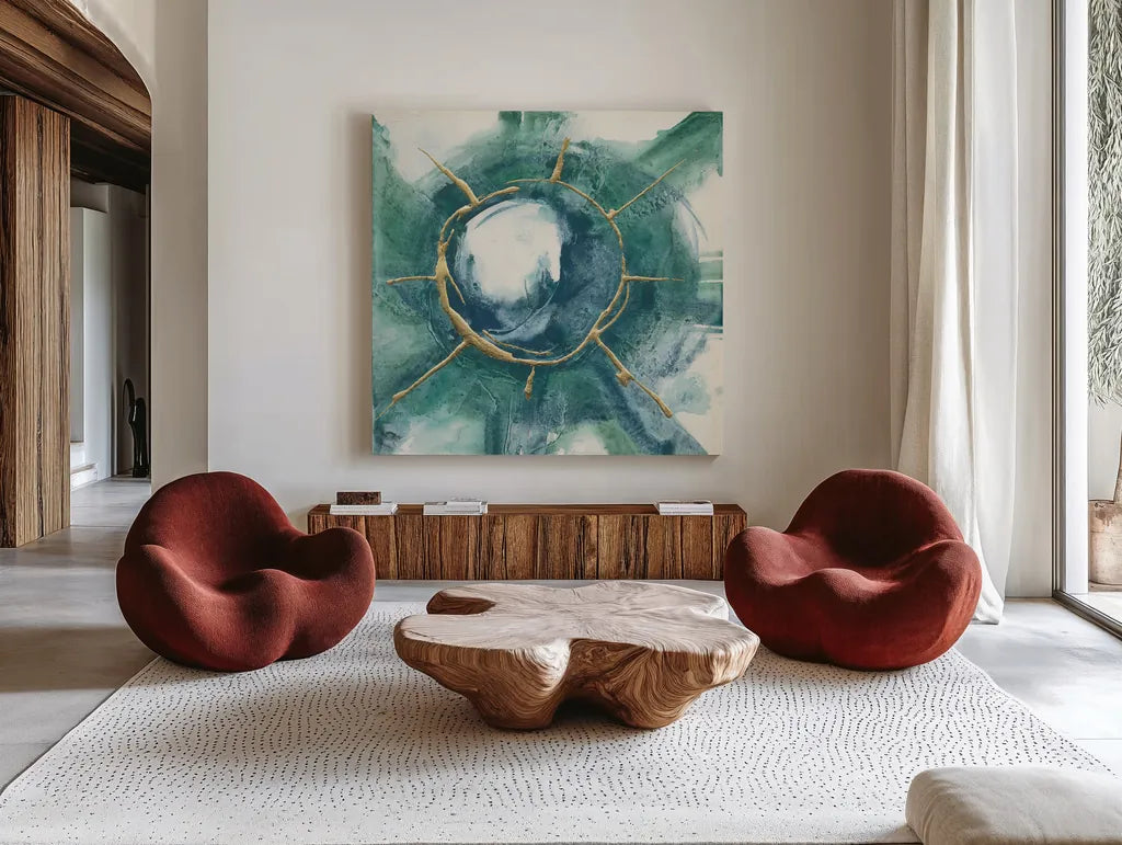 Dharma Wheel II by Chris Paschke. Shown as extra-large giant wall art in a modern living room. Available as an archival giclee rolled canvas, fine art paper, or poster print. SKU 48027a.