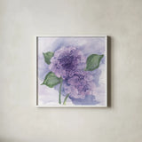 Dimensional Hydrangea I by Chris Paschke. Shown in a crisp white glass frame for a clean and minimalist style. Available as an archival giclee rolled canvas, fine art paper, or poster print. SKU 95438a.