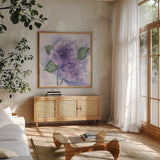 Dimensional Hydrangea I by Chris Paschke. Shown in a natural wood frame in a cozy modern living room. Available as an archival giclee rolled canvas, fine art paper, or poster print. SKU 95438a.