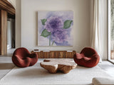 Dimensional Hydrangea I by Chris Paschke. Shown as extra-large giant wall art in a modern living room. Available as an archival giclee rolled canvas, fine art paper, or poster print. SKU 95438a.