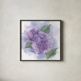 Dimensional Hydrangea II by Chris Paschke. Shown in a sleek black glass frame for a contemporary gallery look. Available as an archival giclee rolled canvas, fine art paper, or poster print. SKU 95439a.