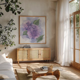 Dimensional Hydrangea II by Chris Paschke. Shown in a natural wood frame in a cozy modern living room. Available as an archival giclee rolled canvas, fine art paper, or poster print. SKU 95439a.