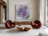 Dimensional Hydrangea II by Chris Paschke. Shown as extra-large giant wall art in a modern living room. Available as an archival giclee rolled canvas, fine art paper, or poster print. SKU 95439a.