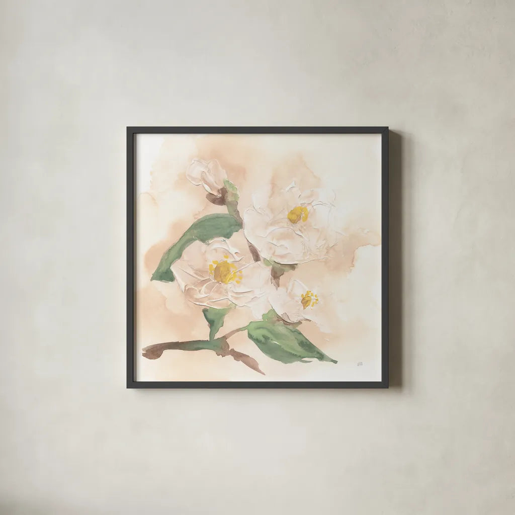 Dimensional Magnolia I by Chris Paschke. Shown in a sleek black glass frame for a contemporary gallery look. Available as an archival giclee rolled canvas, fine art paper, or poster print. SKU 95440a.
