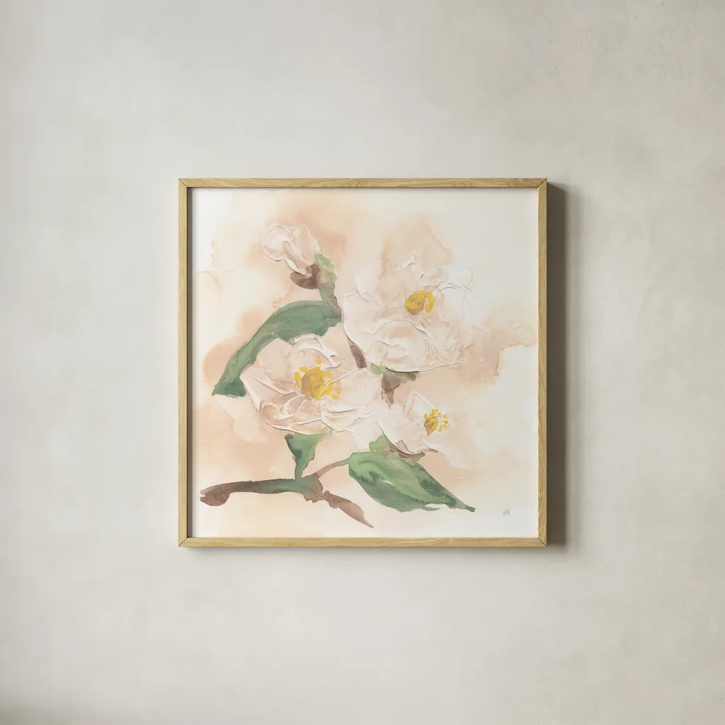 Dimensional Magnolia I by Chris Paschke. Shown in a natural wood glass frame for a timeless modern aesthetic. Available as an archival giclee rolled canvas, fine art paper, or poster print. SKU 95440a.