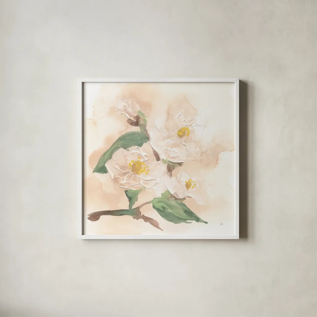 Dimensional Magnolia I by Chris Paschke. Shown in a crisp white glass frame for a clean and minimalist style. Available as an archival giclee rolled canvas, fine art paper, or poster print. SKU 95440a.