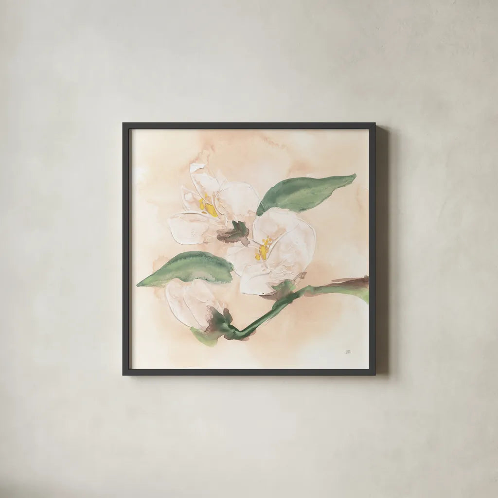 Dimensional Magnolia II by Chris Paschke. Shown in a sleek black glass frame for a contemporary gallery look. Available as an archival giclee rolled canvas, fine art paper, or poster print. SKU 95441a.