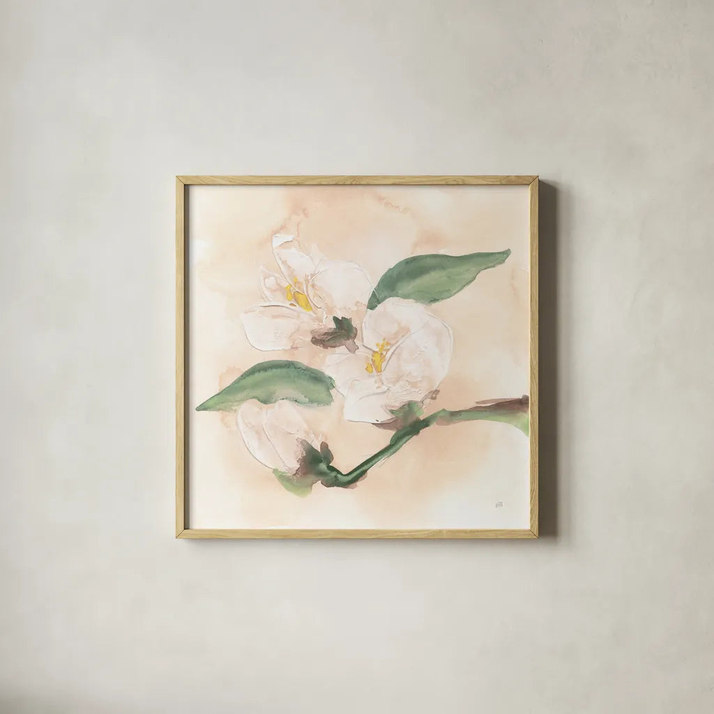 Dimensional Magnolia II by Chris Paschke. Shown in a natural wood glass frame for a timeless modern aesthetic. Available as an archival giclee rolled canvas, fine art paper, or poster print. SKU 95441a.