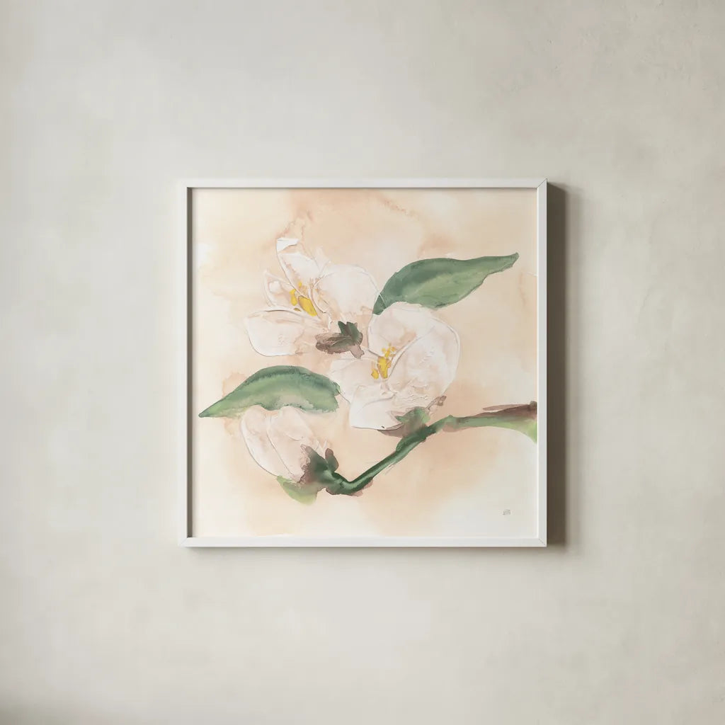 Dimensional Magnolia II by Chris Paschke. Shown in a crisp white glass frame for a clean and minimalist style. Available as an archival giclee rolled canvas, fine art paper, or poster print. SKU 95441a.