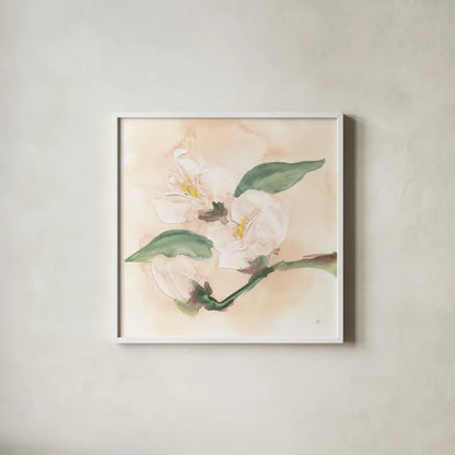 Dimensional Magnolia II by Chris Paschke. Shown in a crisp white glass frame for a clean and minimalist style. Available as an archival giclee rolled canvas, fine art paper, or poster print. SKU 95441a.