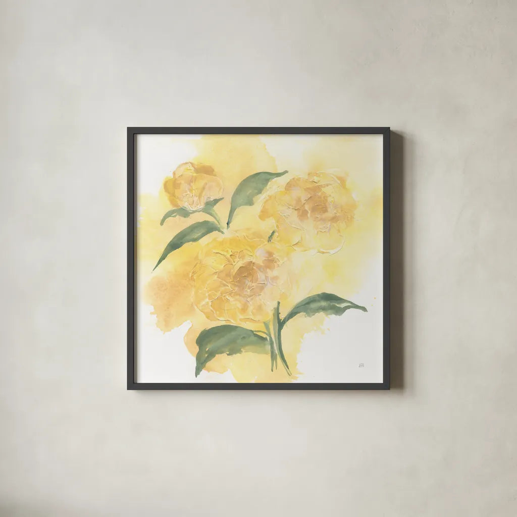 Dimensional Peony I by Chris Paschke. Shown in a sleek black glass frame for a contemporary gallery look. Available as an archival giclee rolled canvas, fine art paper, or poster print. SKU 95434a.
