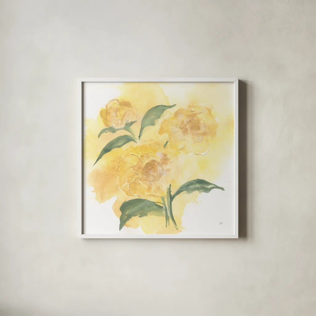 Dimensional Peony I by Chris Paschke. Shown in a crisp white glass frame for a clean and minimalist style. Available as an archival giclee rolled canvas, fine art paper, or poster print. SKU 95434a.