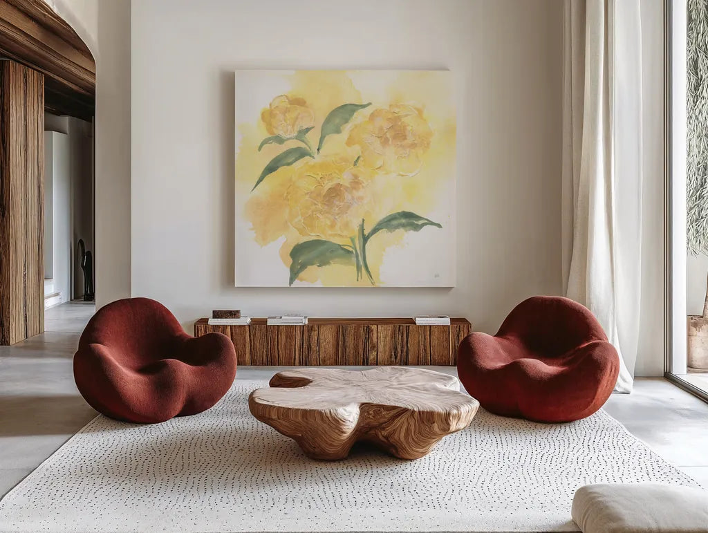 Dimensional Peony I by Chris Paschke. Shown as extra-large giant wall art in a modern living room. Available as an archival giclee rolled canvas, fine art paper, or poster print. SKU 95434a.