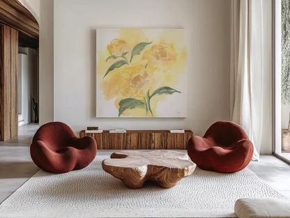 Dimensional Peony I by Chris Paschke. Shown as extra-large giant wall art in a modern living room. Available as an archival giclee rolled canvas, fine art paper, or poster print. SKU 95434a.