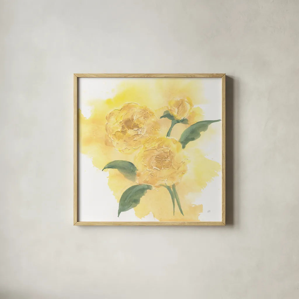 Dimensional Peony II by Chris Paschke. Shown in a natural wood glass frame for a timeless modern aesthetic. Available as an archival giclee rolled canvas, fine art paper, or poster print. SKU 95435a.