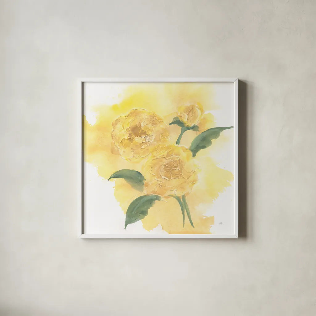 Dimensional Peony II by Chris Paschke. Shown in a crisp white glass frame for a clean and minimalist style. Available as an archival giclee rolled canvas, fine art paper, or poster print. SKU 95435a.