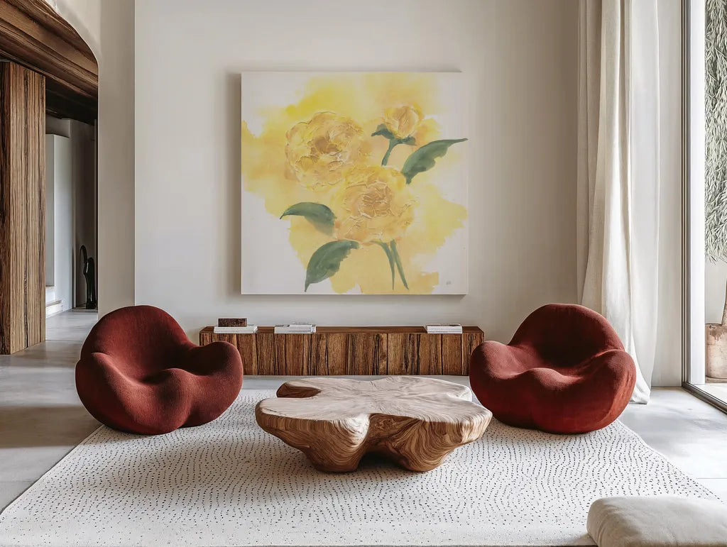 Dimensional Peony II by Chris Paschke. Shown as extra-large giant wall art in a modern living room. Available as an archival giclee rolled canvas, fine art paper, or poster print. SKU 95435a.