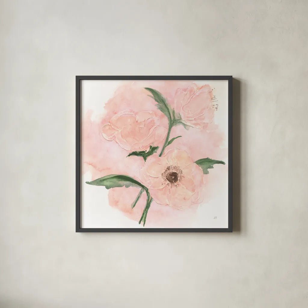 Dimensional Poppy II by Chris Paschke. Shown in a sleek black glass frame for a contemporary gallery look. Available as an archival giclee rolled canvas, fine art paper, or poster print. SKU 95437a.