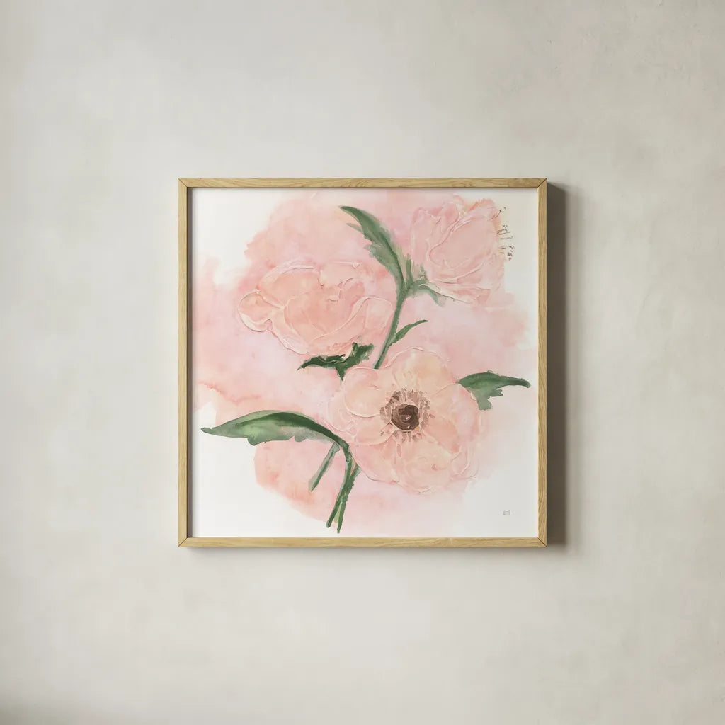 Dimensional Poppy II by Chris Paschke. Shown in a natural wood glass frame for a timeless modern aesthetic. Available as an archival giclee rolled canvas, fine art paper, or poster print. SKU 95437a.