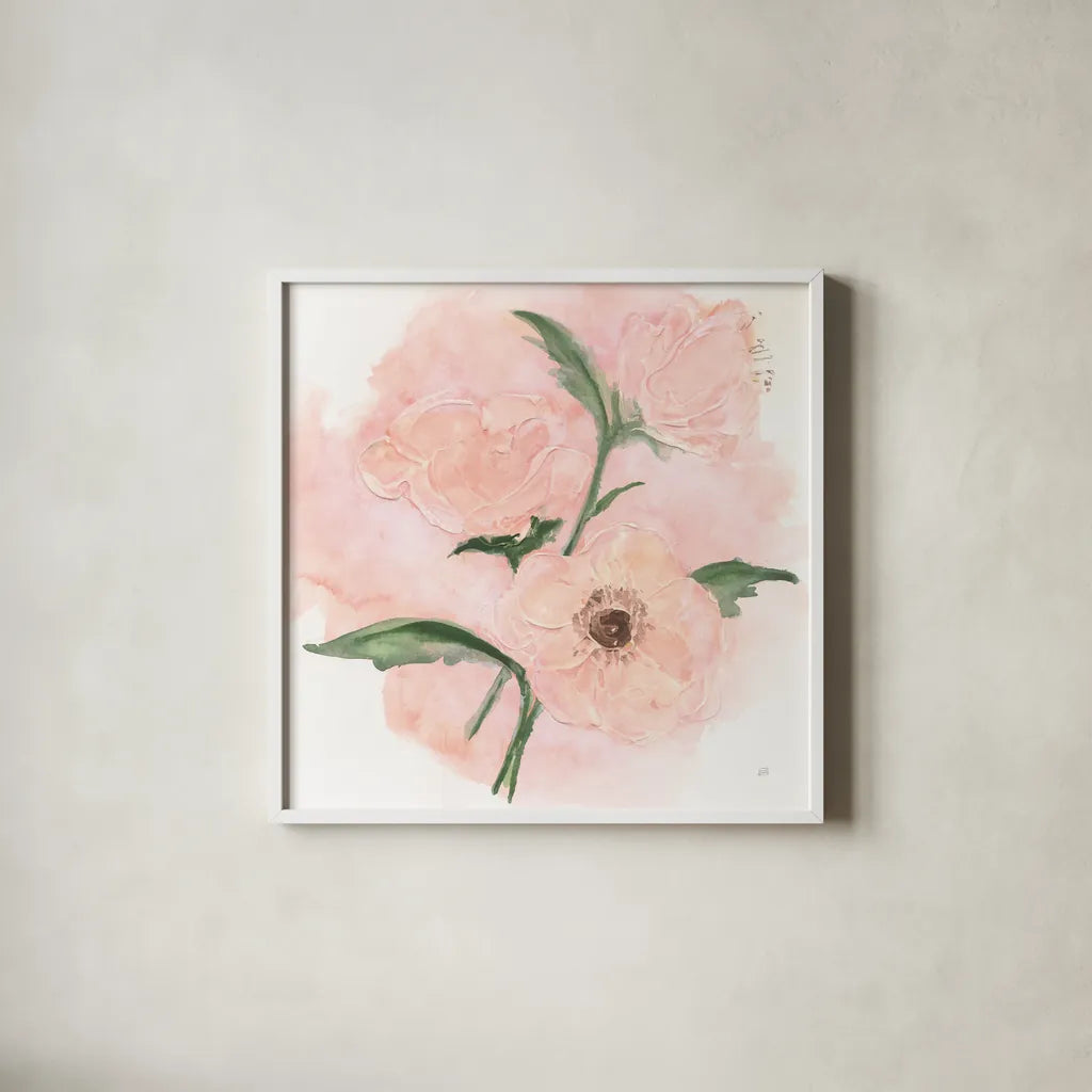 Dimensional Poppy II by Chris Paschke. Shown in a crisp white glass frame for a clean and minimalist style. Available as an archival giclee rolled canvas, fine art paper, or poster print. SKU 95437a.