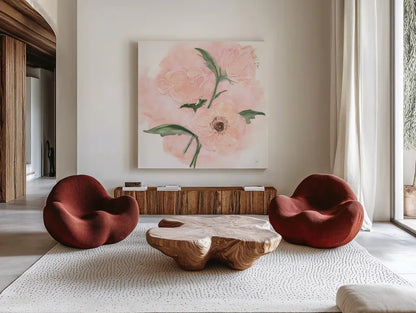 Dimensional Poppy II by Chris Paschke. Shown as extra-large giant wall art in a modern living room. Available as an archival giclee rolled canvas, fine art paper, or poster print. SKU 95437a.