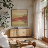 Distant Fields by Chris Paschke. Shown in a natural wood frame in a cozy modern living room. Available as an archival giclee rolled canvas, fine art paper, or poster print. SKU 44551a.