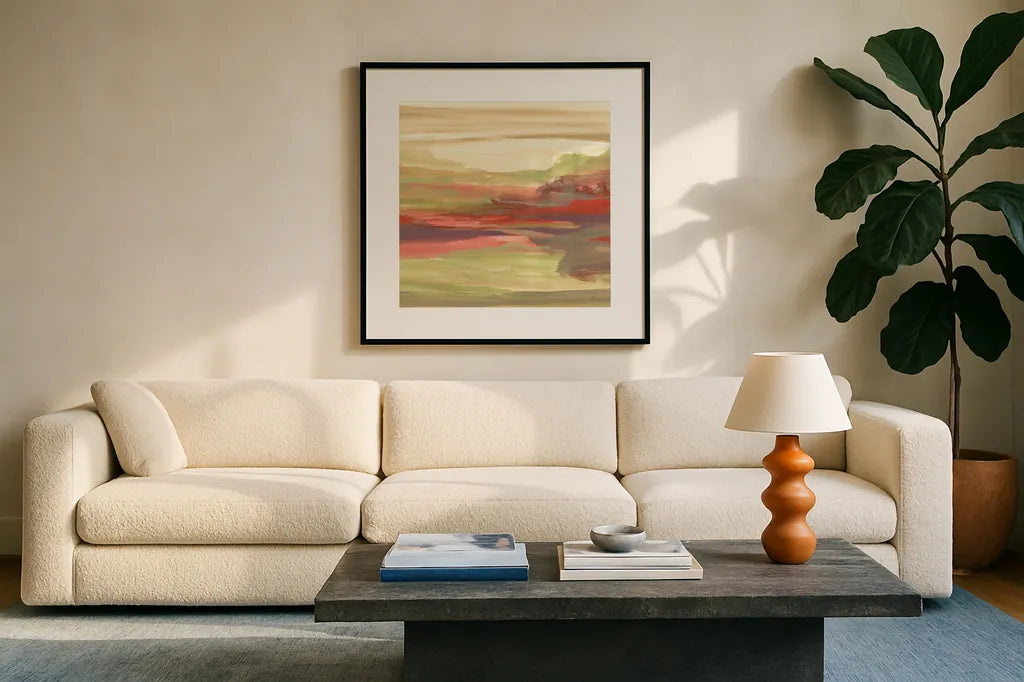 Distant Fields by Chris Paschke. Displayed in a glass frame with matte in a clean modern living room. Available as an archival giclee rolled canvas, fine art paper, or poster print. SKU 44551a.
