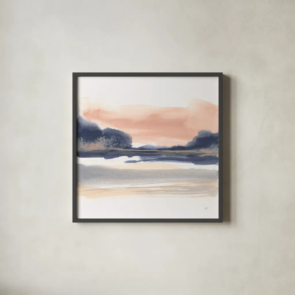 Dusk Dunes I by Chris Paschke. Shown in a sleek black glass frame for a contemporary gallery look. Available as an archival giclee rolled canvas, fine art paper, or poster print. SKU 94397a.