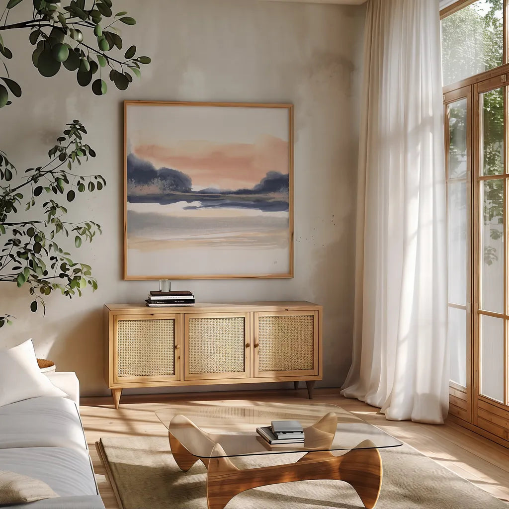 Dusk Dunes I by Chris Paschke. Shown in a natural wood frame in a cozy modern living room. Available as an archival giclee rolled canvas, fine art paper, or poster print. SKU 94397a.