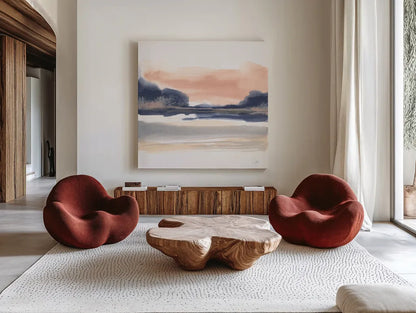 Dusk Dunes I by Chris Paschke. Shown as extra-large giant wall art in a modern living room. Available as an archival giclee rolled canvas, fine art paper, or poster print. SKU 94397a.
