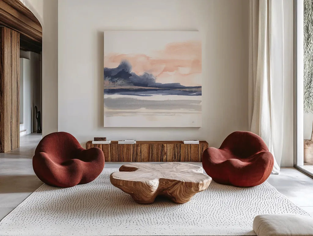 Dusk Dunes II by Chris Paschke. Shown as extra-large giant wall art in a modern living room. Available as an archival giclee rolled canvas, fine art paper, or poster print. SKU 94398a.