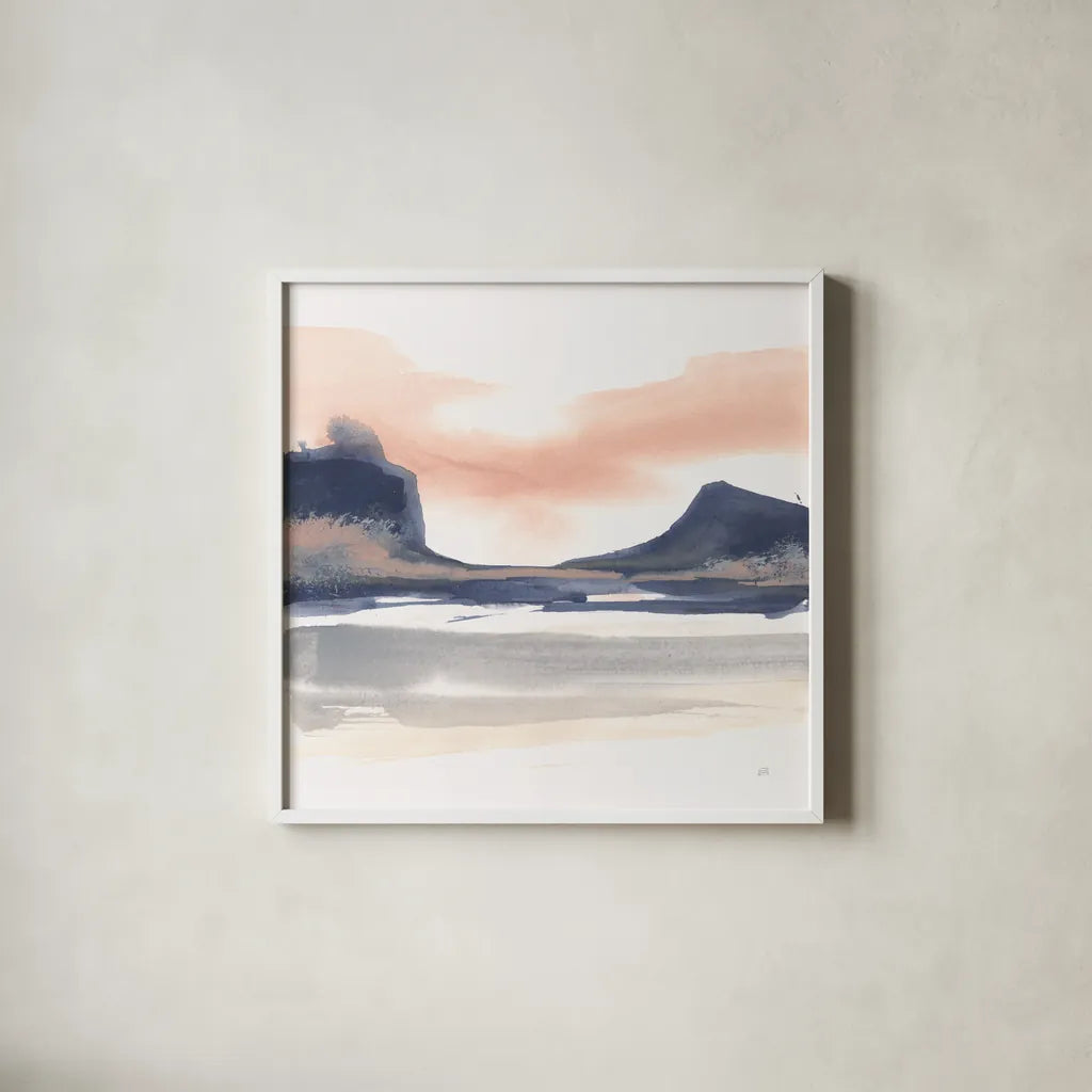 Dusk Dunes III by Chris Paschke. Shown in a crisp white glass frame for a clean and minimalist style. Available as an archival giclee rolled canvas, fine art paper, or poster print. SKU 94399a.