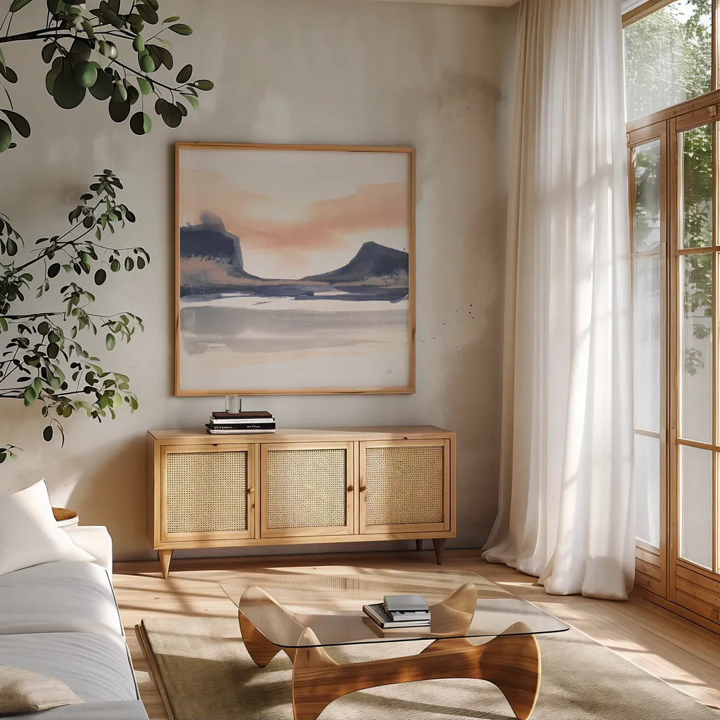 Dusk Dunes III by Chris Paschke. Shown in a natural wood frame in a cozy modern living room. Available as an archival giclee rolled canvas, fine art paper, or poster print. SKU 94399a.