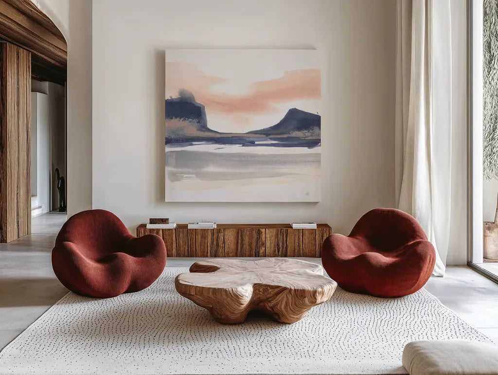 Dusk Dunes III by Chris Paschke. Shown as extra-large giant wall art in a modern living room. Available as an archival giclee rolled canvas, fine art paper, or poster print. SKU 94399a.