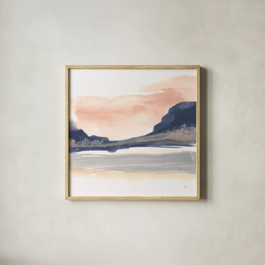 Dusk Dunes IV by Chris Paschke. Shown in a natural wood glass frame for a timeless modern aesthetic. Available as an archival giclee rolled canvas, fine art paper, or poster print. SKU 94400a.