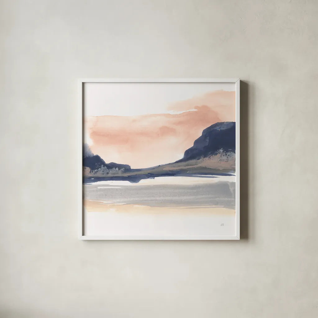 Dusk Dunes IV by Chris Paschke. Shown in a crisp white glass frame for a clean and minimalist style. Available as an archival giclee rolled canvas, fine art paper, or poster print. SKU 94400a.