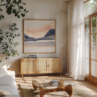 Dusk Dunes IV by Chris Paschke. Shown in a natural wood frame in a cozy modern living room. Available as an archival giclee rolled canvas, fine art paper, or poster print. SKU 94400a.