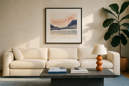 Dusk Dunes IV by Chris Paschke. Displayed in a glass frame with matte in a clean modern living room. Available as an archival giclee rolled canvas, fine art paper, or poster print. SKU 94400a.