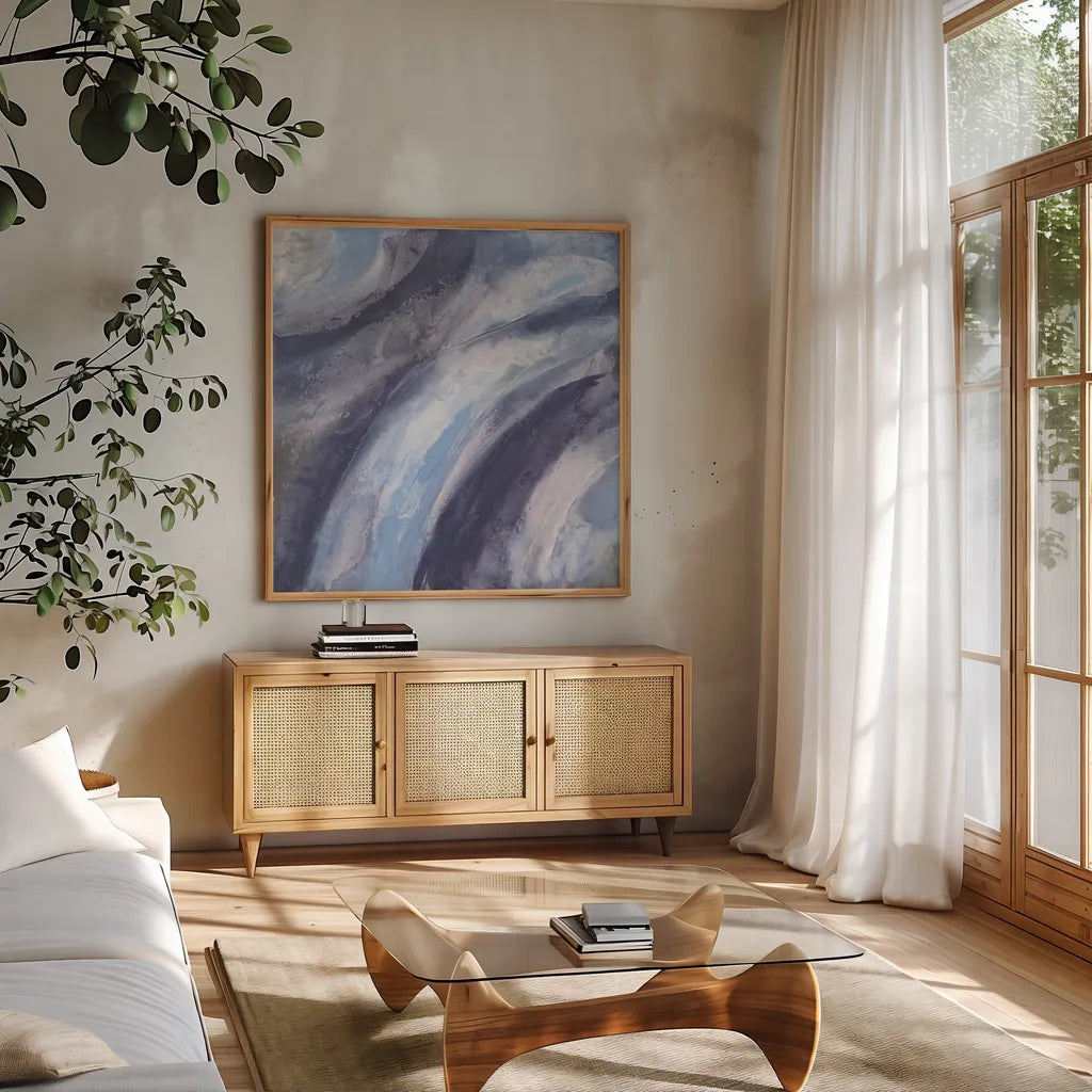 Dusk and Blue I by Chris Paschke. Shown in a natural wood frame in a cozy modern living room. Available as an archival giclee rolled canvas, fine art paper, or poster print. SKU 95458a.