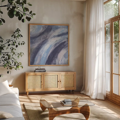 Dusk and Blue I by Chris Paschke. Shown in a natural wood frame in a cozy modern living room. Available as an archival giclee rolled canvas, fine art paper, or poster print. SKU 95458a.