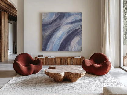 Dusk and Blue I by Chris Paschke. Shown as extra-large giant wall art in a modern living room. Available as an archival giclee rolled canvas, fine art paper, or poster print. SKU 95458a.