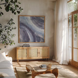 Dusk and Blue II by Chris Paschke. Shown in a natural wood frame in a cozy modern living room. Available as an archival giclee rolled canvas, fine art paper, or poster print. SKU 95459a.