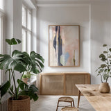 Dusk and Pastel I by Chris Paschke. shown as a print in a natural wood frame in a dining room. Available as a archival giclee rolled canvas, fine art paper, or poster print. SKU 94792h.