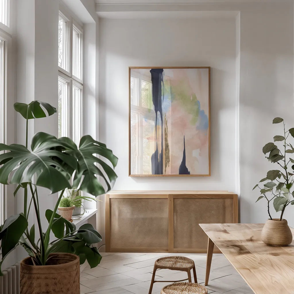 Dusk and Pastel II by Chris Paschke. shown as a print in a natural wood frame in a dining room. Available as a archival giclee rolled canvas, fine art paper, or poster print. SKU 94793h.