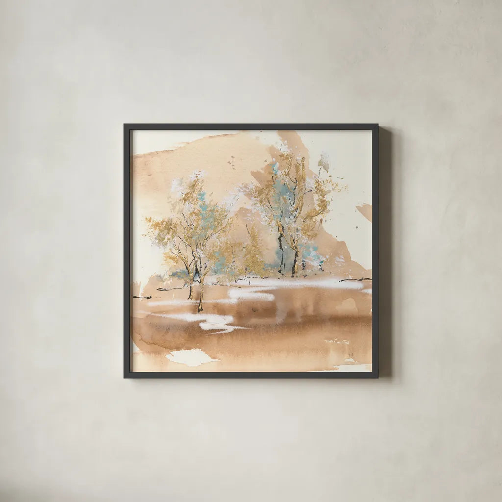 Dusting of Gold II by Chris Paschke. Shown in a sleek black glass frame for a contemporary gallery look. Available as an archival giclee rolled canvas, fine art paper, or poster print. SKU 90869a.