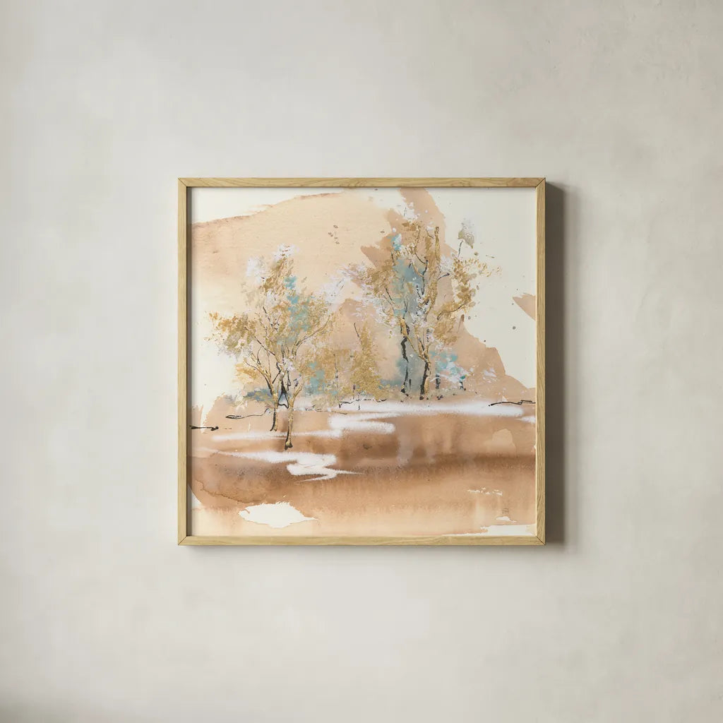 Dusting of Gold II by Chris Paschke. Shown in a natural wood glass frame for a timeless modern aesthetic. Available as an archival giclee rolled canvas, fine art paper, or poster print. SKU 90869a.