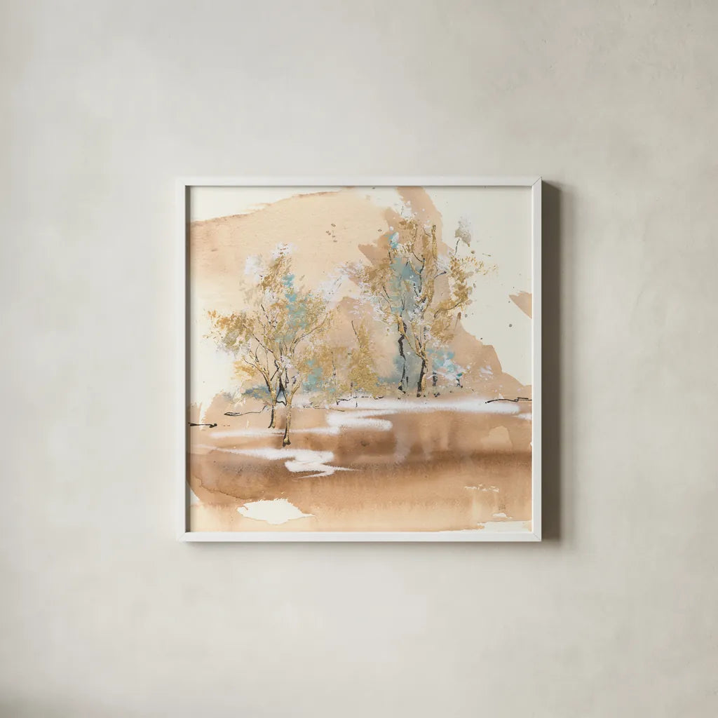 Dusting of Gold II by Chris Paschke. Shown in a crisp white glass frame for a clean and minimalist style. Available as an archival giclee rolled canvas, fine art paper, or poster print. SKU 90869a.