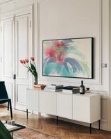 Dusting of Mint II by Chris Paschke. shown as a framed stretched canvas in a living room above a console. Available as a archival giclee rolled canvas, fine art paper, or poster print. SKU 49048i.