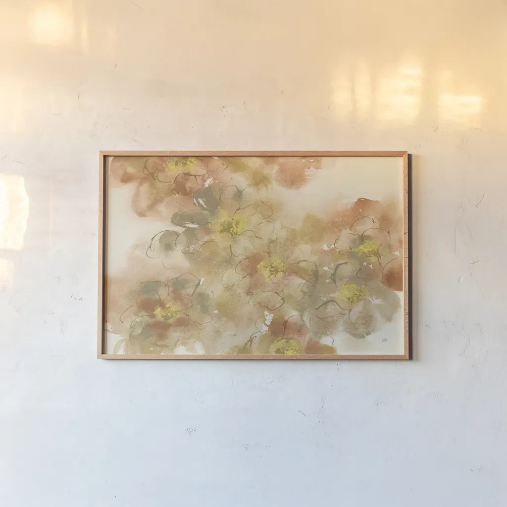 Earthly Freesia by Chris Paschke. shown as a paper print in a natural frame. Available as a archival giclee rolled canvas, fine art paper, or poster print. SKU 50272i.