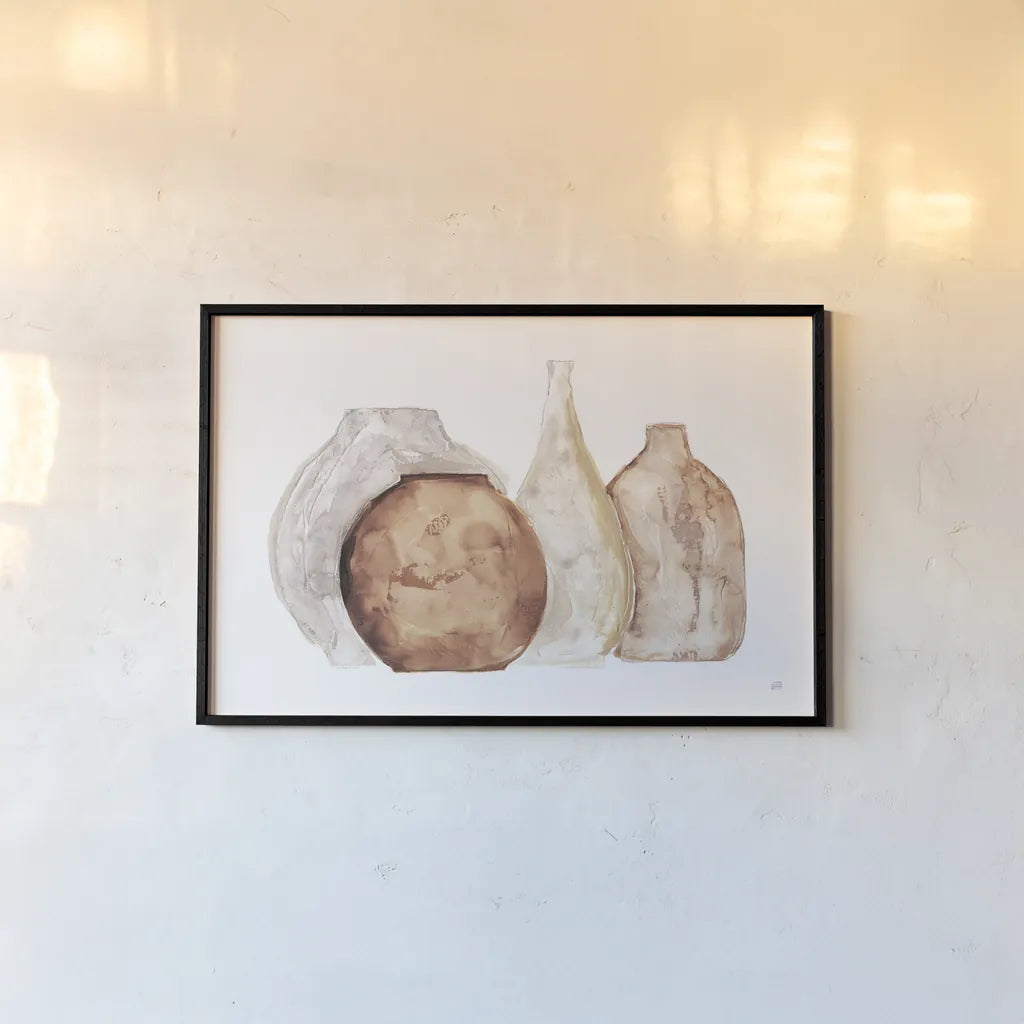 Earthy Neutral Vases IV by Chris Paschke. shown as a paper print in a black flame. Available as a archival giclee rolled canvas, fine art paper, or poster print. SKU 77194i.